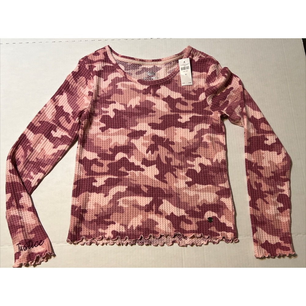 Justice Pink Camo Waffle Top Shirt Long Sleeve Girls Youth SZ 14 PL NEW